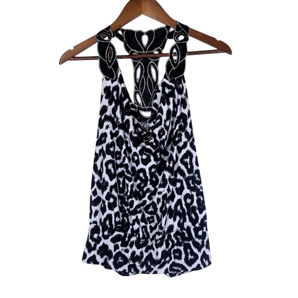 Bongo Women's Black White Leopard Print Halter Neck Embellished Top L VINTAGE